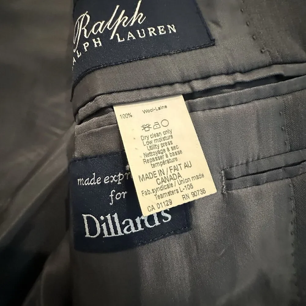 Ralph Lauren Suit Jacket Men's 48L 100% Wool 2 Piece Pleated Pants 37x30.5 Gray